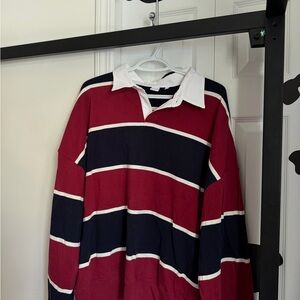 Aritzia Burgundy, Navy & White Rugby-Style Long Sleeve Polo